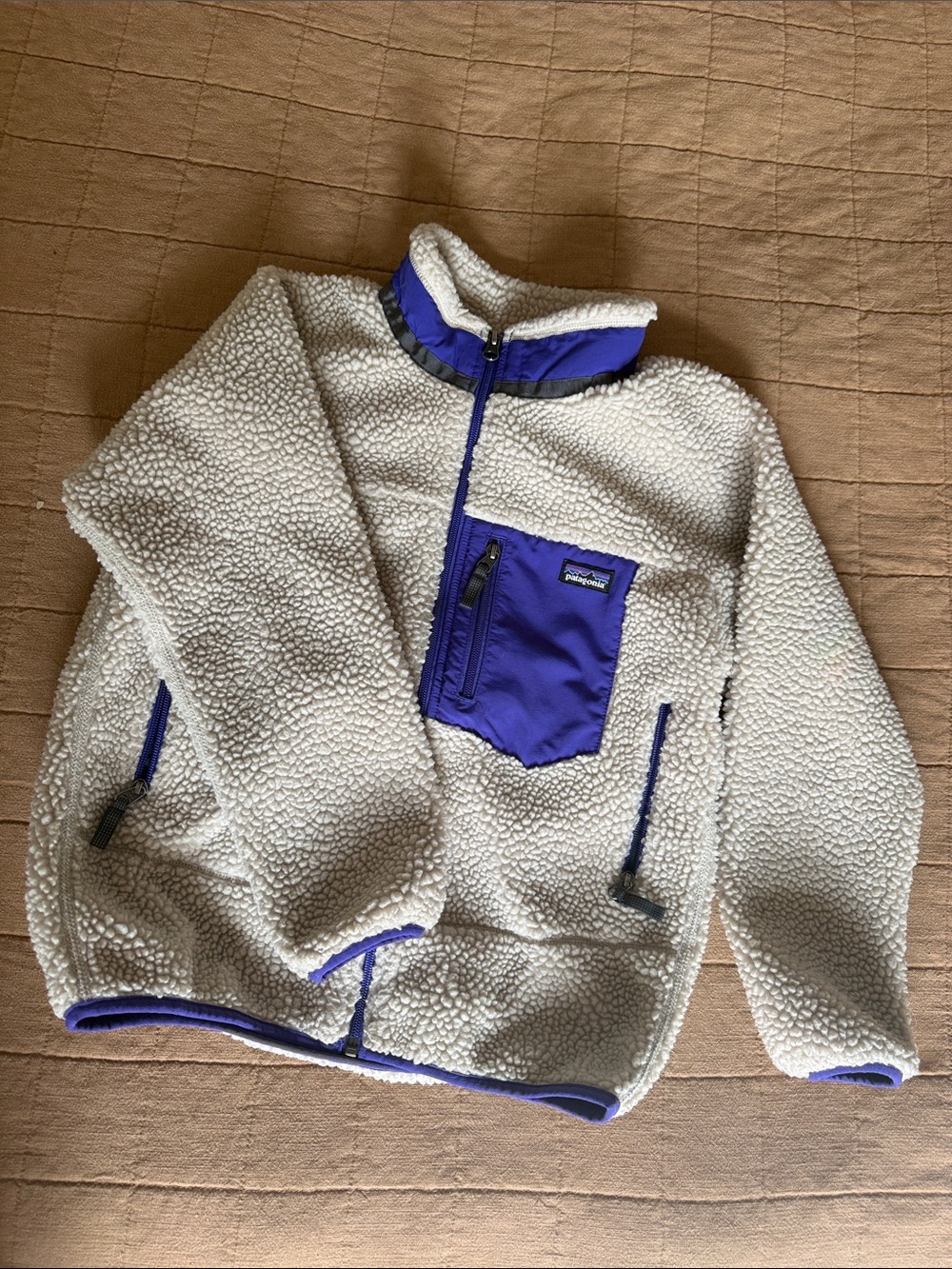 Patagonia Kids Cream Sherpa Jacket with Purple Accents